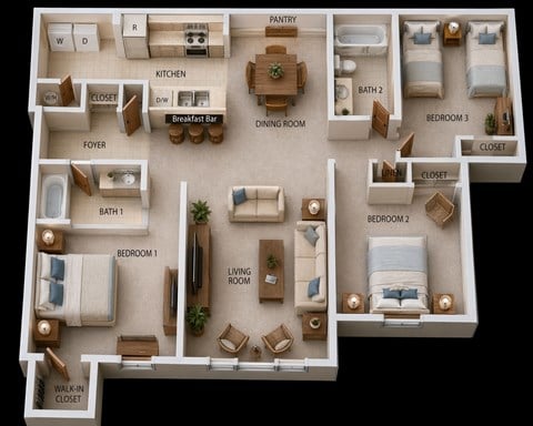 Floor plan for 3 beds, 2 baths, 1201 sqft